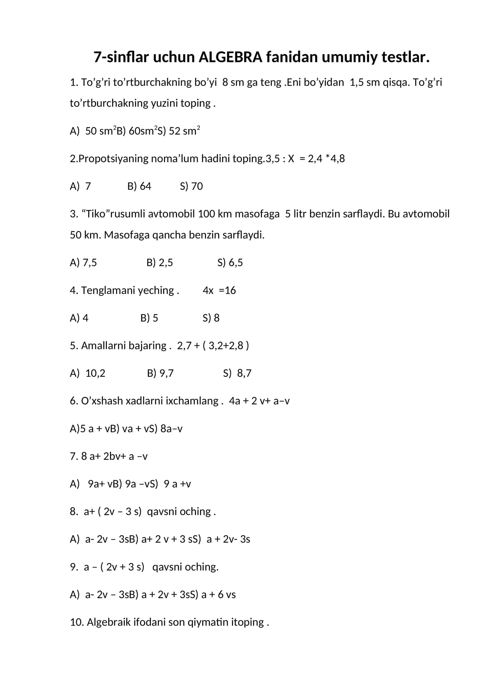 7-sinflar uchun ALGEBRA fanidan umumiy testlar 1