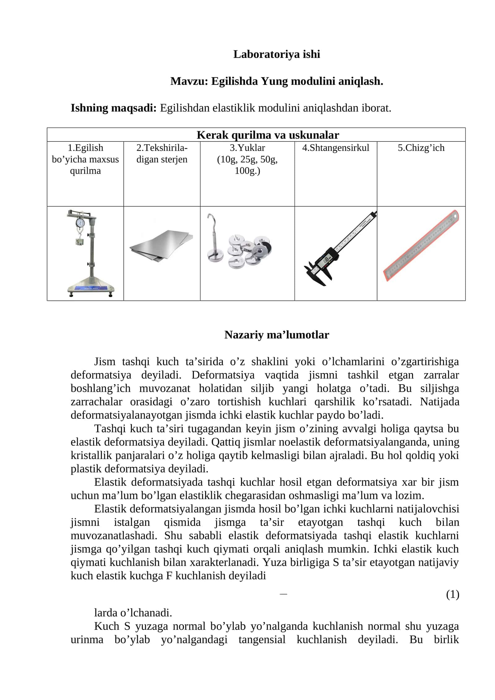 Egilishda Yung modulini aniqlash 1