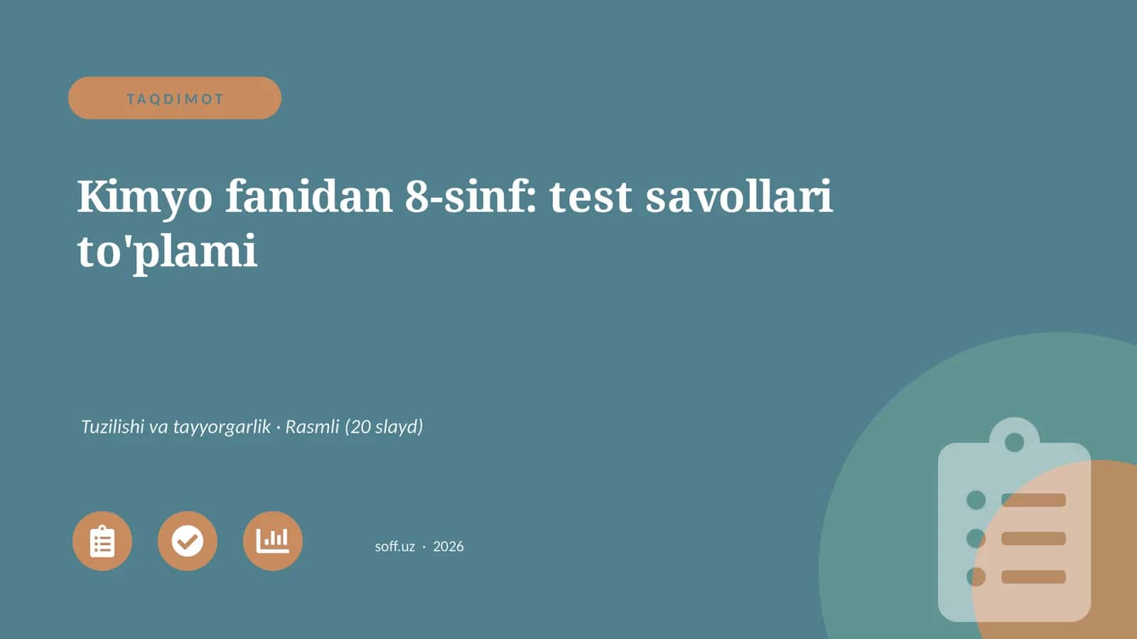 Kimyo fanidan 8-sinf: test savollari to'plami 1