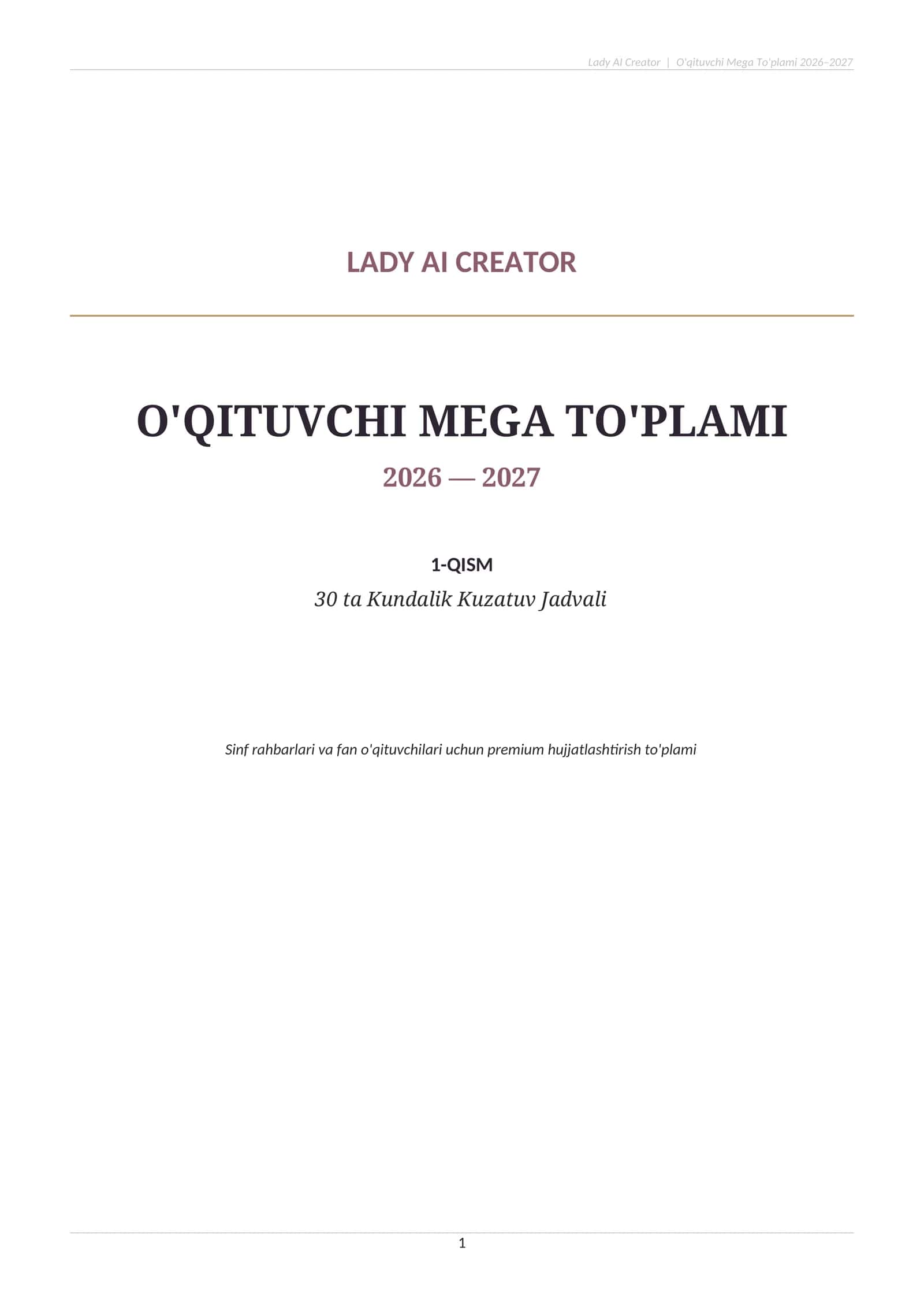 O‘QITUVCHI MEGA TO‘PLAMI 2026–2027 | 30 ta Kundalik Kuzatuv Jadvali | Word (.docx) | Sinf Rahbari uc 1