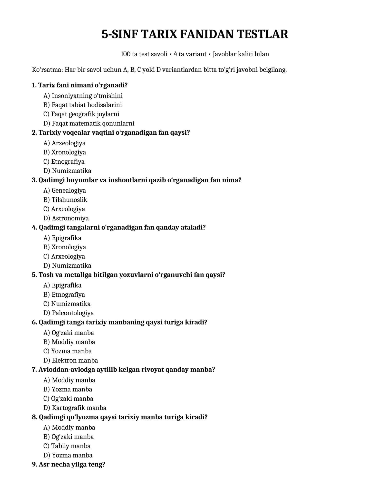5-sinf Tarix fanidan 100 ta test — savollar va javoblar 1