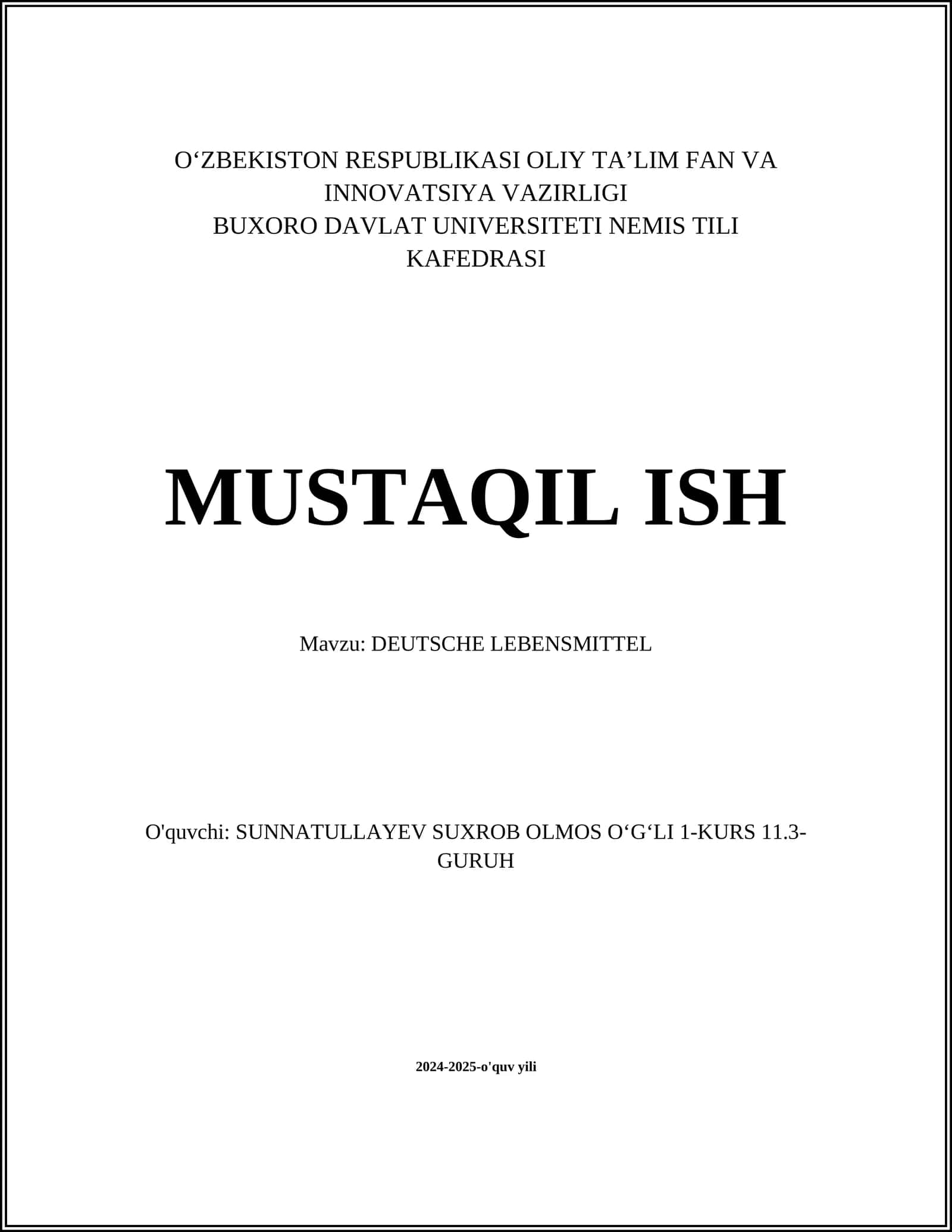 MUSTAQIL ISH Mavzu: DEUTSCHE LEBENSMITTEL 1