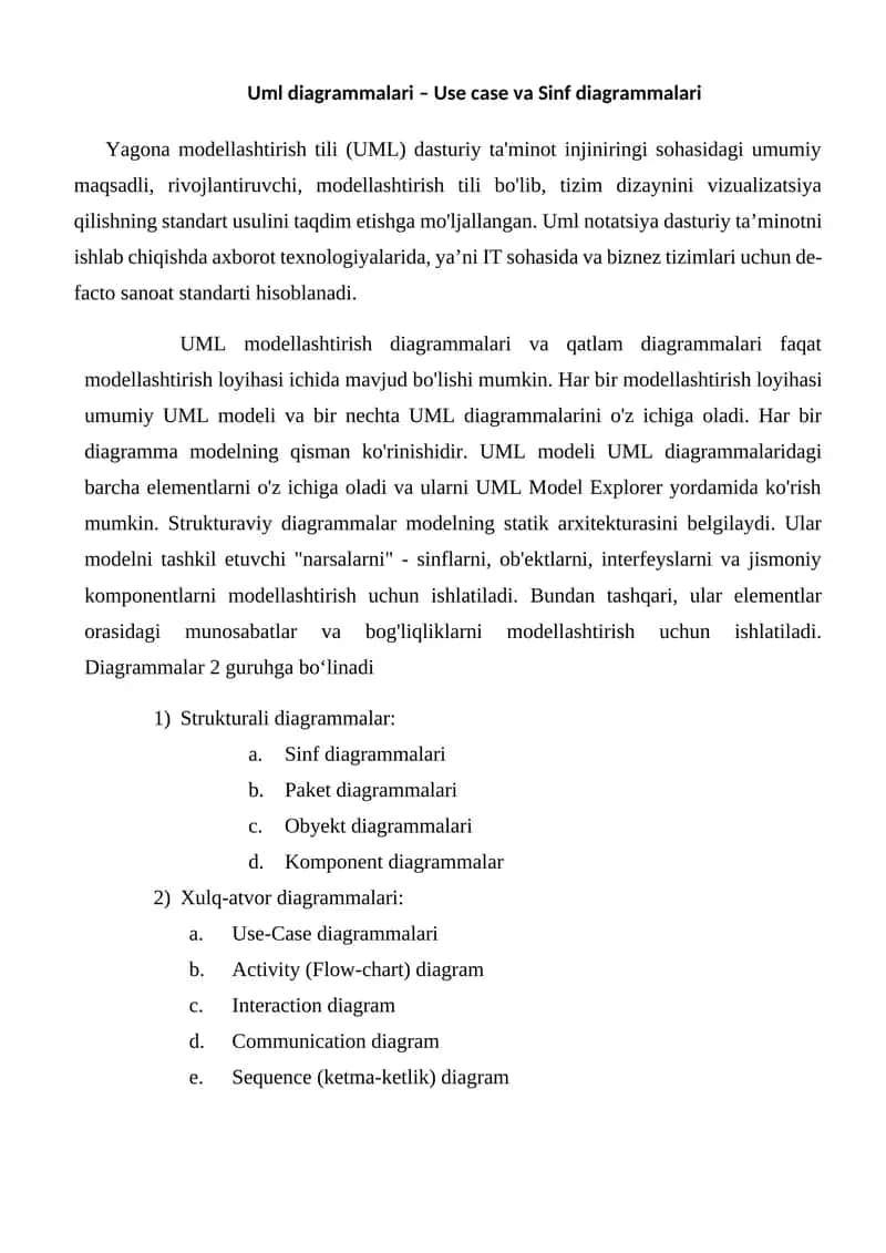Uml diagrammalari – Use case va Sinf diagrammalari 1