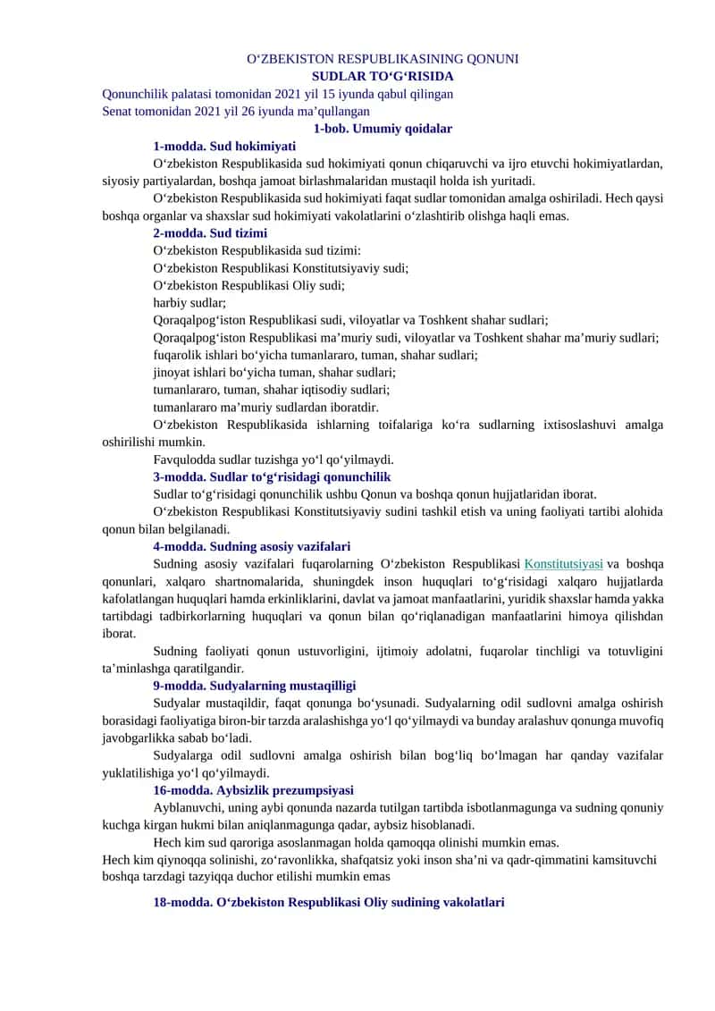 O‘ZBEKISTON RESPUBLIKASINING QONUNI SUDLAR TO‘G‘RISIDA 1
