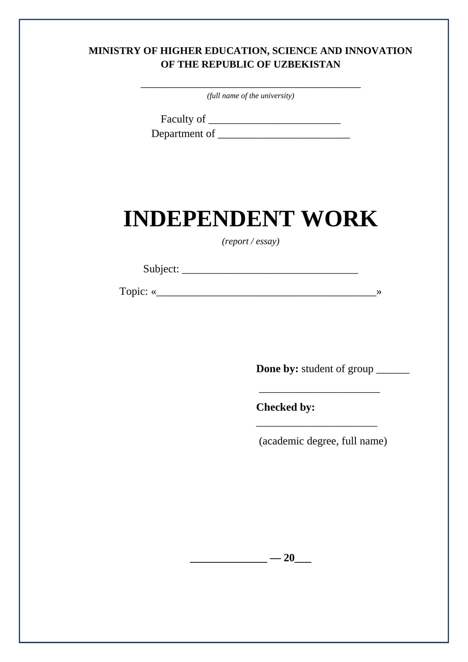 Mustaqil ish Independent work titul varagi ingliz tilida 1