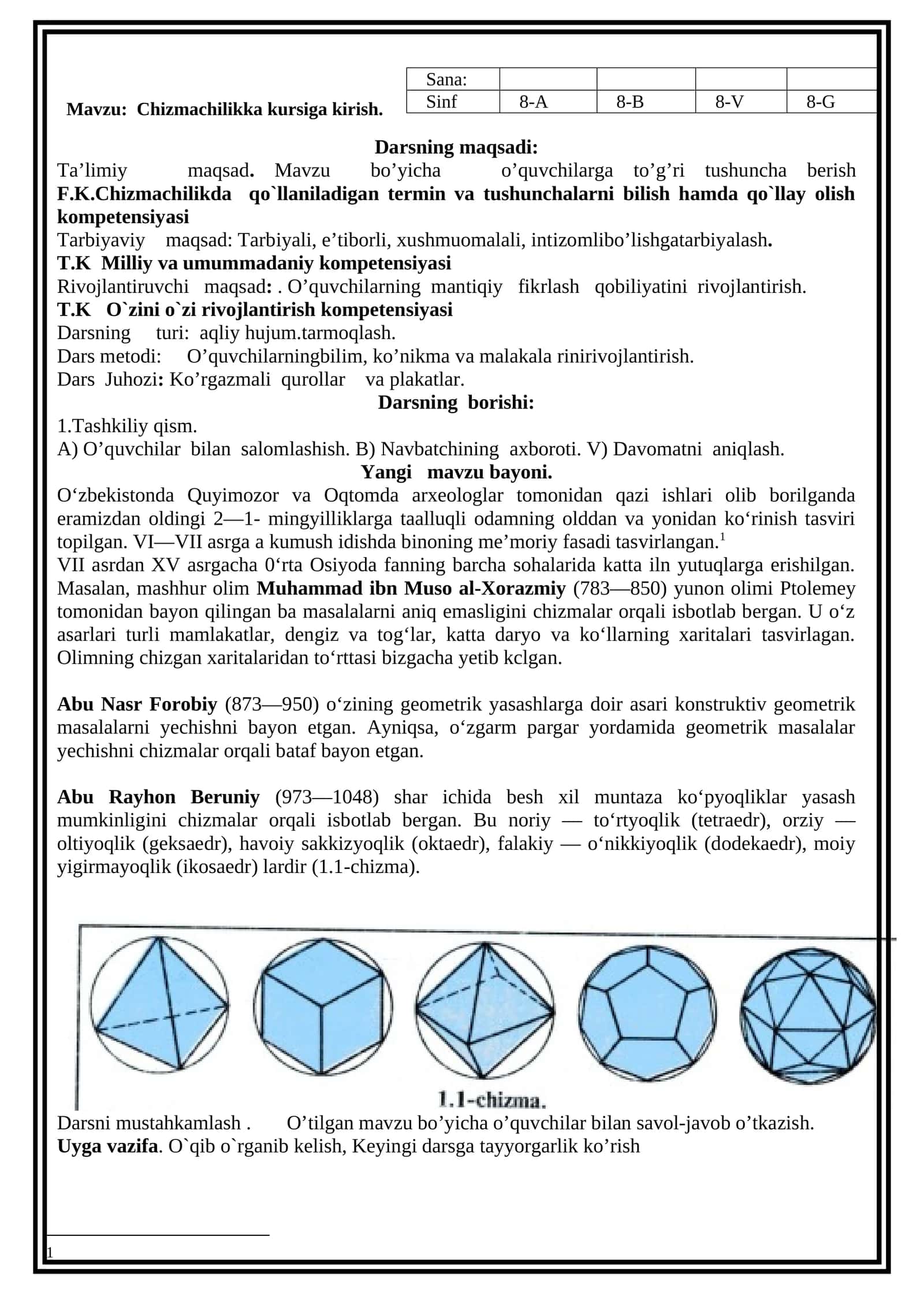 Chizmachilik  dars ishlanma 8-sinf 1