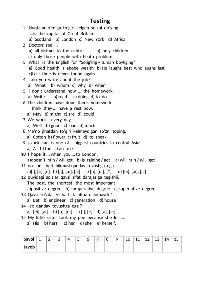Ingliz tili Test Savollari 1