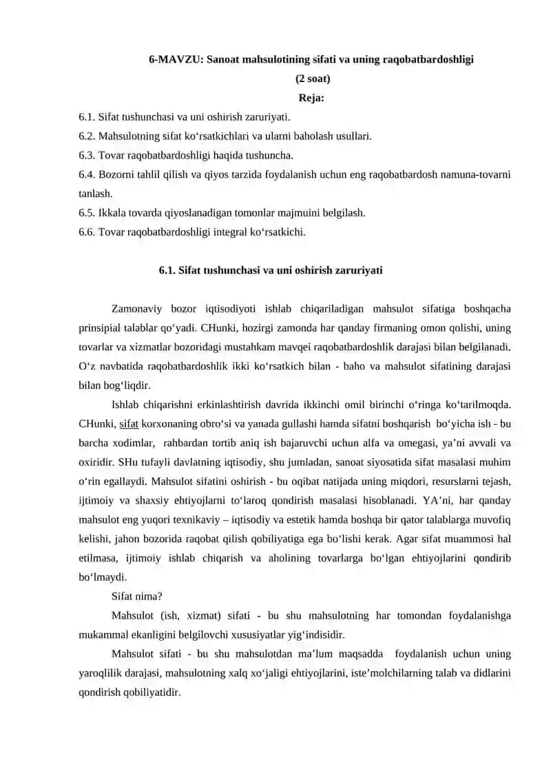 Sanoat mahsulotining sifati va uning raqobatbardoshligi