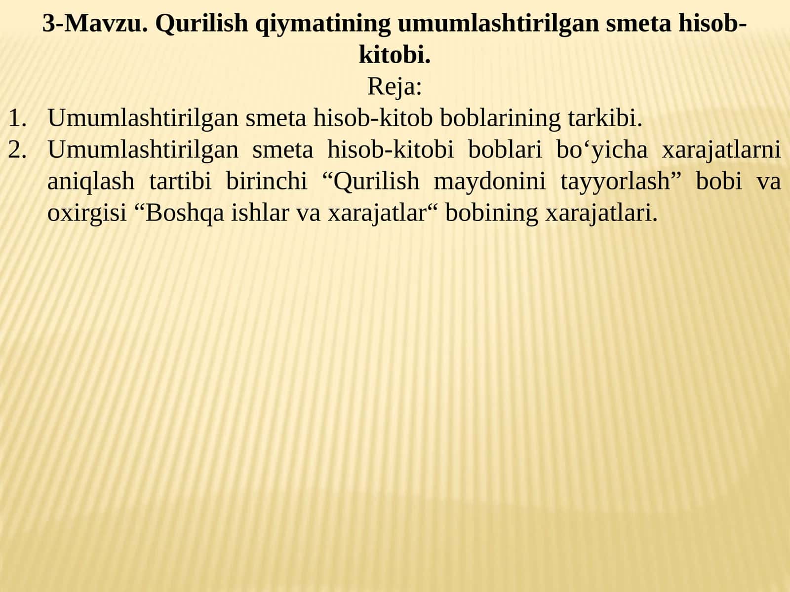 Qurilish qiymatining umumlashtirilgan smeta hisob-kitobi 1