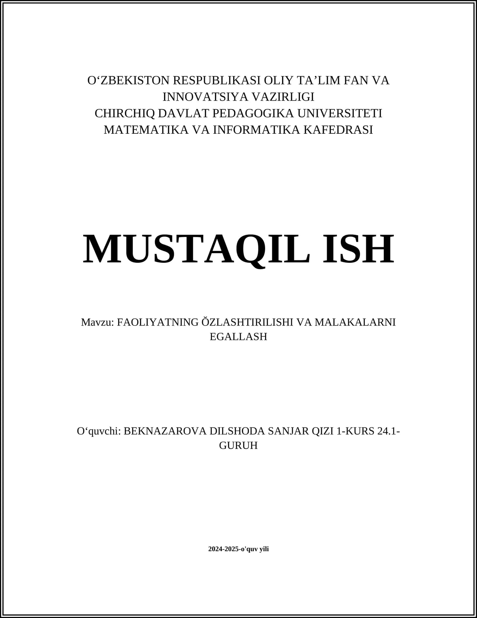 FAOLIYATNING ŎZLASHTIRILISHI VA MALAKALARNI EGALLASH 1