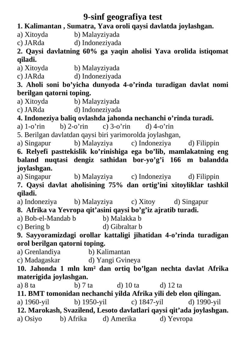 9-sinf geografiya test 1