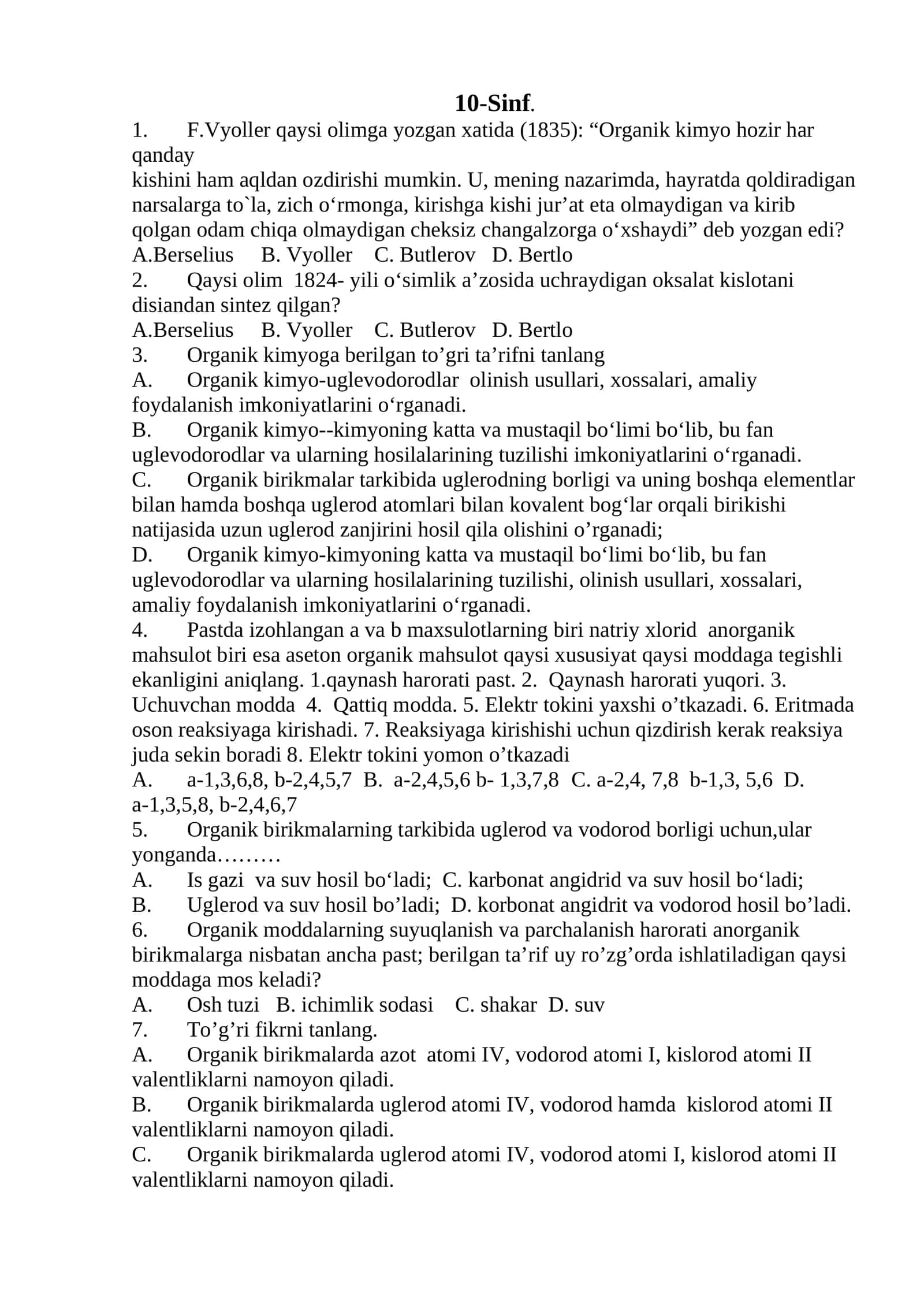 Fizika fanidan 10-Sinf testlar 1