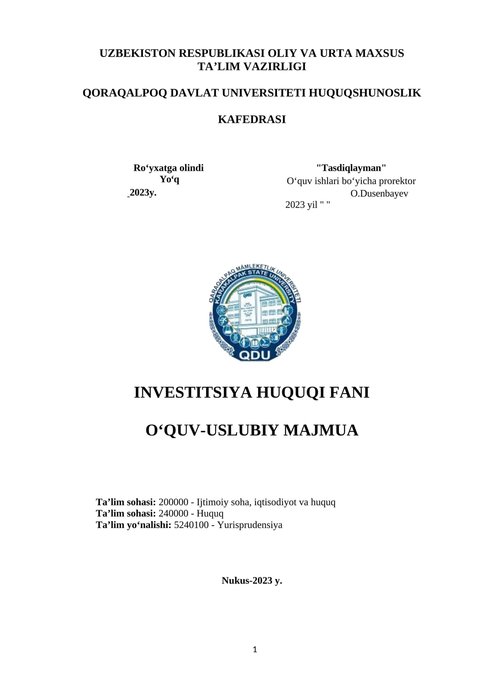 INVESTITSIYA HUQUQI FANI O‘QUV-USLUBIY MAJMUA 1