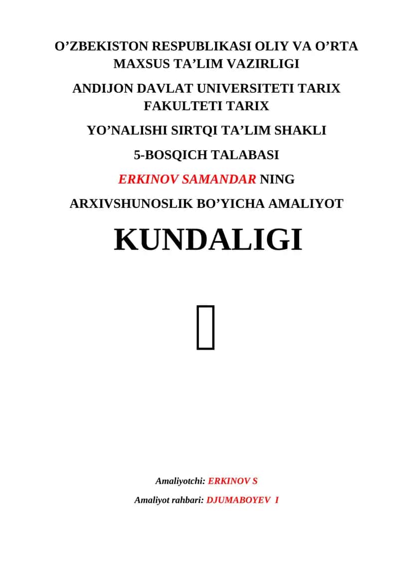 Arxivshunoslik Bo'yicha Amaliyot Kundaligi 1