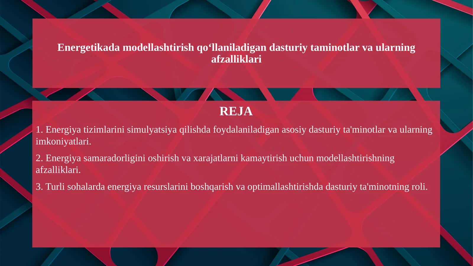 Energetikada modellashtirish qoʻllaniladigan dastu 1