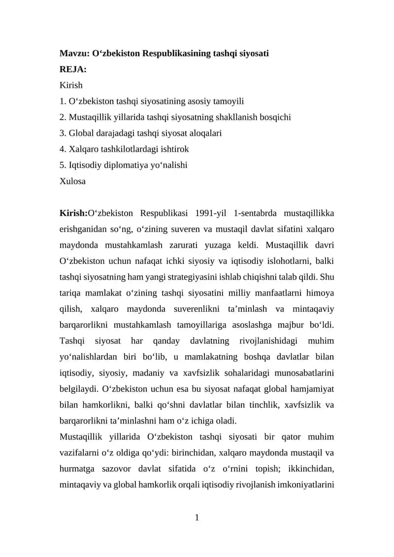 O‘zbekiston Respublikasining tashqi siyosati 1