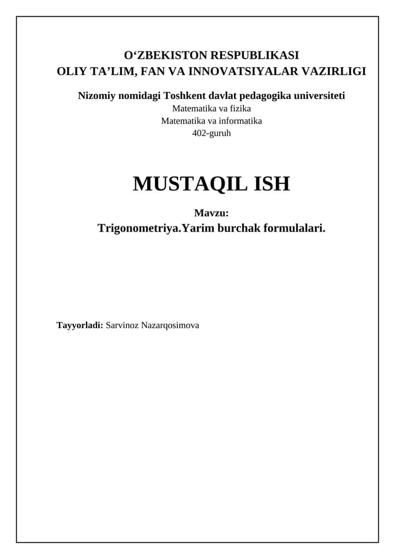 Yarim burchak formulalari 1