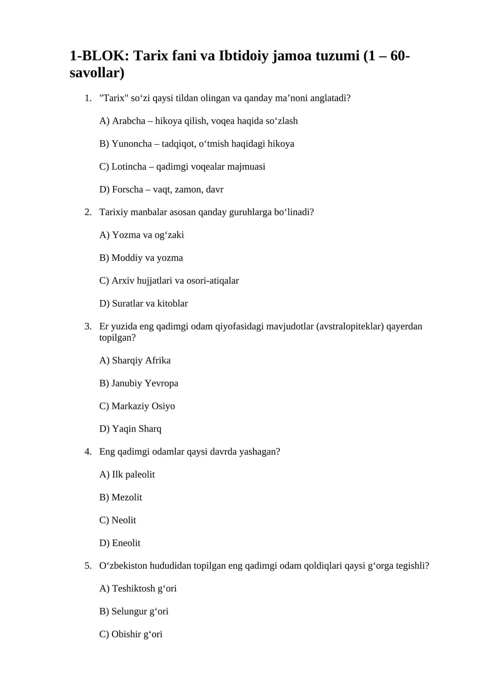 6-sinf Tarix fanidan DTMga tushadigan test kitobcha 1