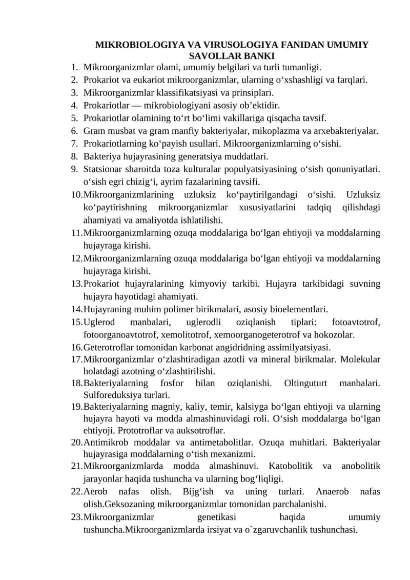 Mikrobiologiya va Virusologiya Fanidan Umumiy Savollar Banki 1
