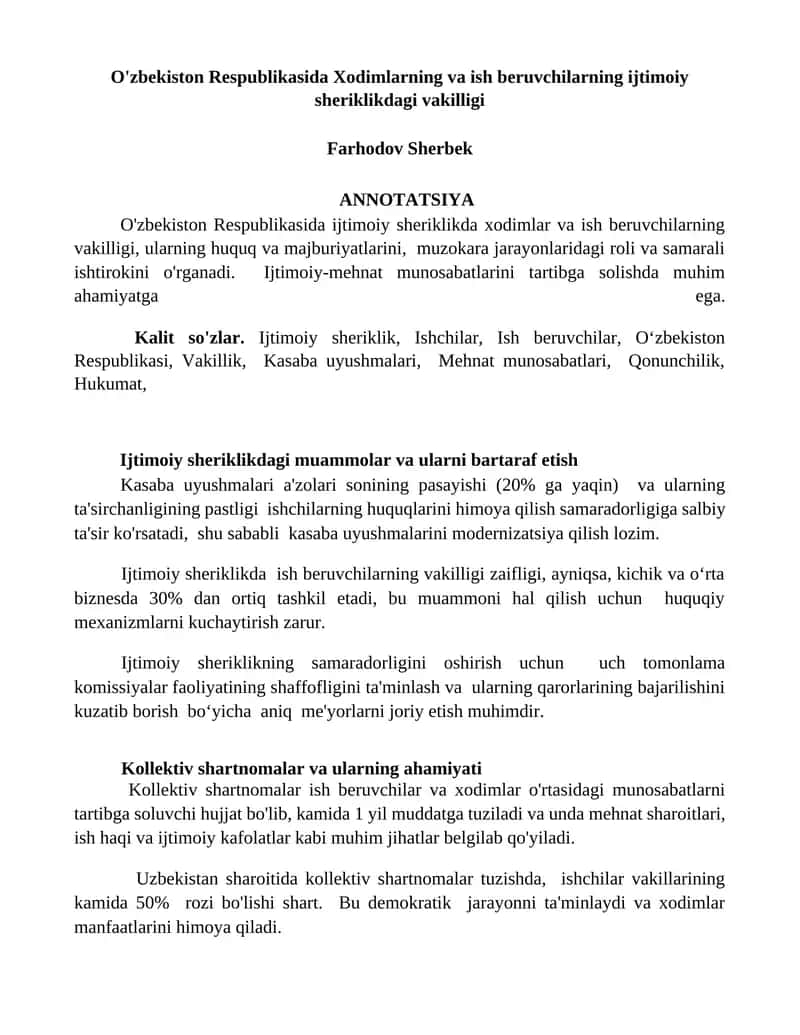 Xodimlarning va ish beruvchilarning ijtimoiy sheriklikdagi vakilligi 1