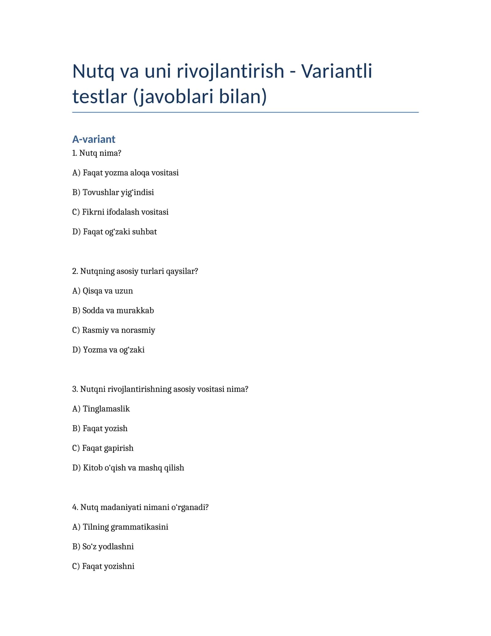 Nutq va uni rivojlantirish - Variantli testlar (javoblari bilan) 1