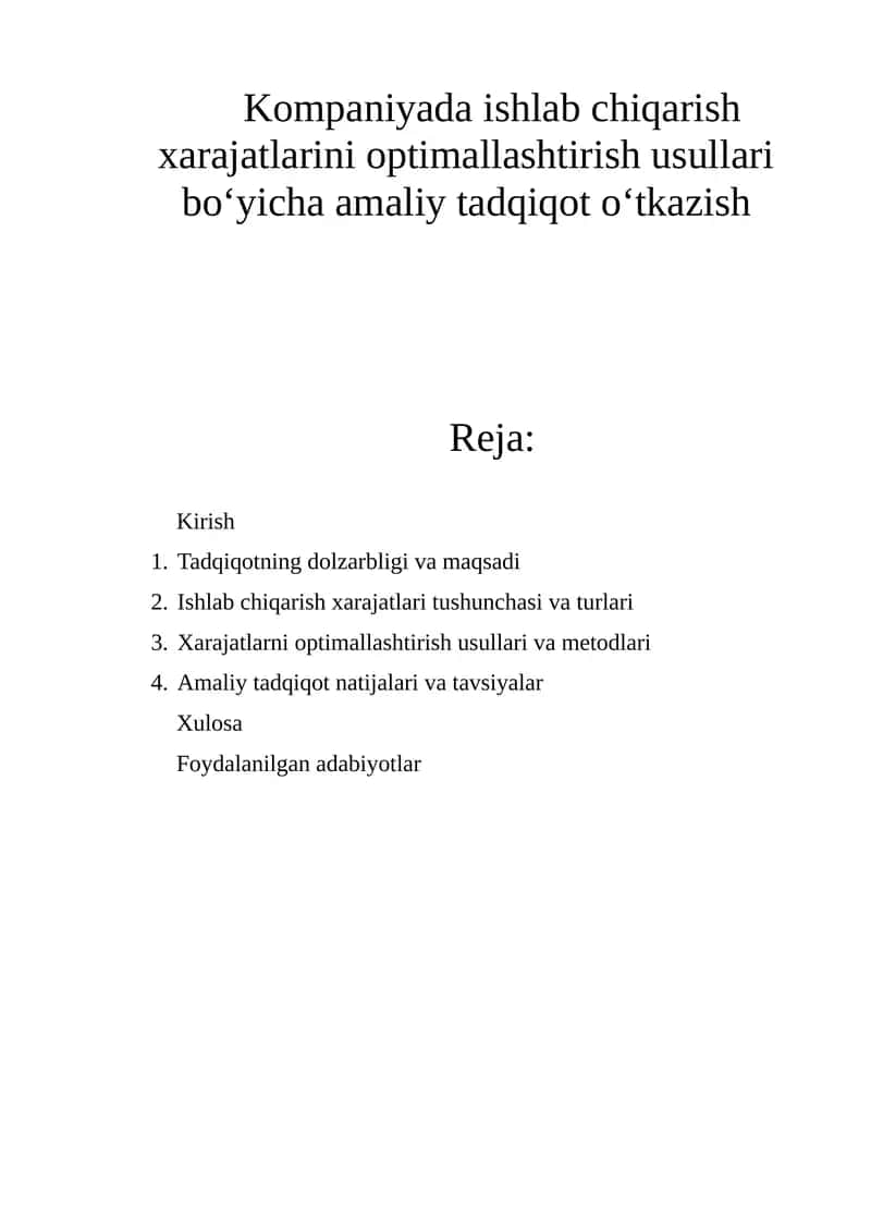 Ishlab chiqarish xarajatlarini optimallashtirish usullari 1
