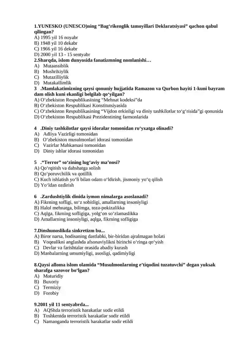 Dinshunoslik fanidan 400 ta test