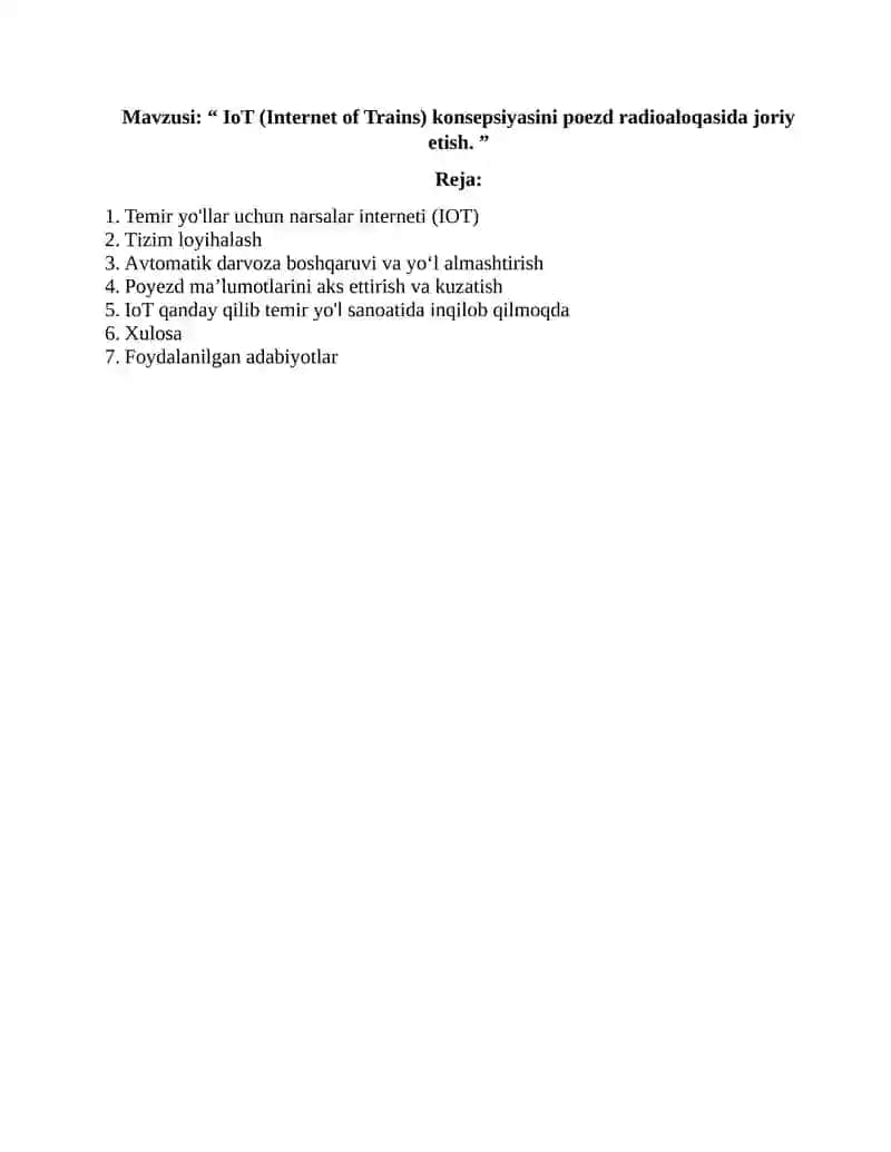 IoT (Internet of Trains) konsepsiyasini poezd radioaloqasida joriy etish.