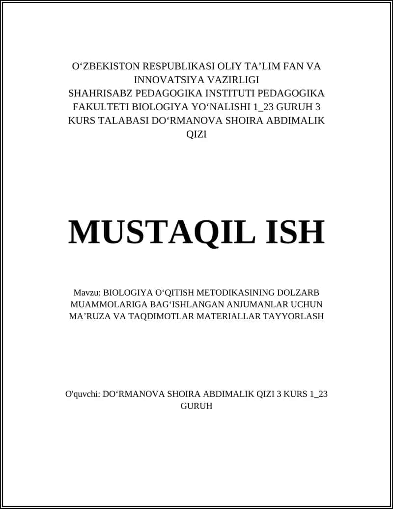 BIOLOGIYA OʻQITISH METODIKASINING DOLZARB MUAMMOLARIGA BAGʻISHLANGAN ANJUMANLAR UCHUN MAʼRUZA VA TAQDIMOTLAR MATERIALLAR TAYYORLASH 1