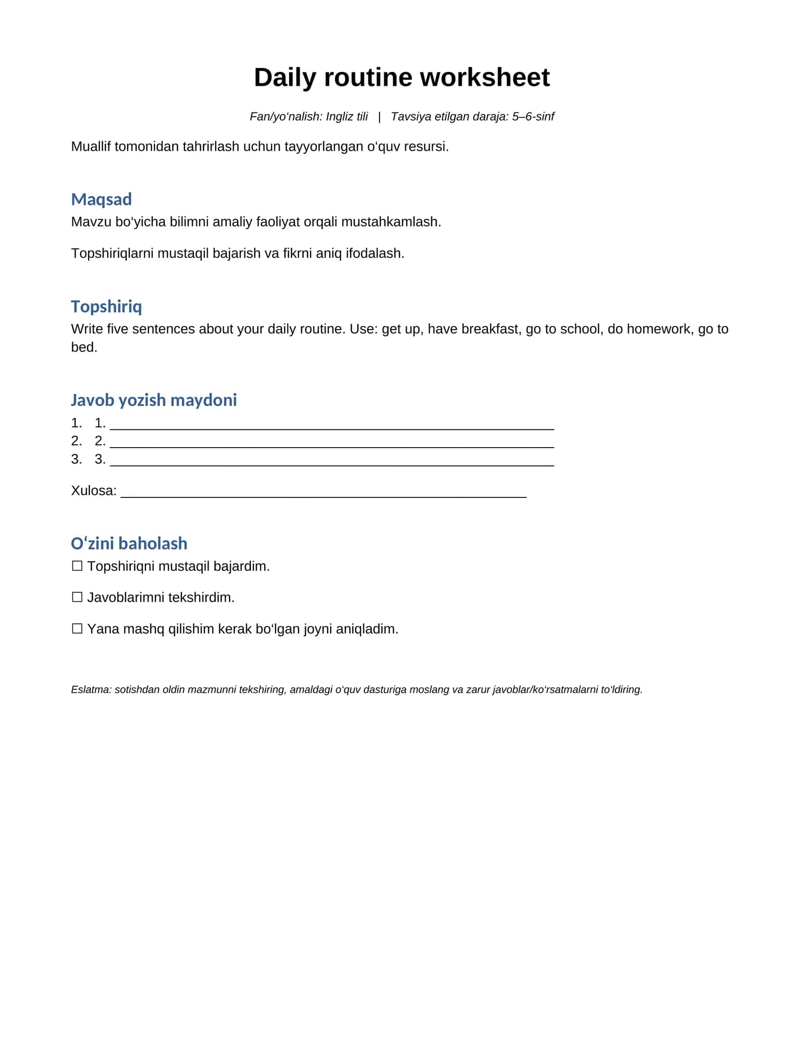 Daily routine worksheet 1