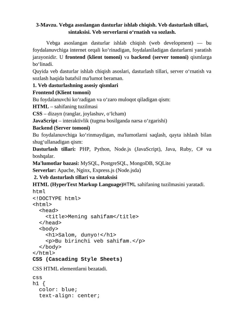 Vebga asoslangan dasturlar ishlab chiqish 1