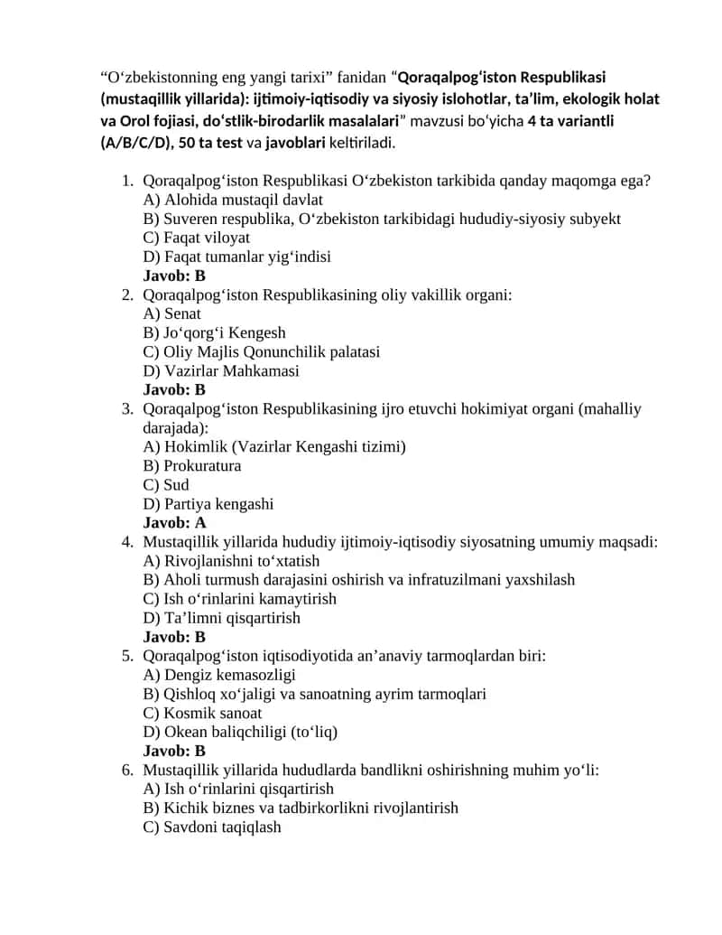 Oʻzbekistonning eng yangi tarixi 8-test 1