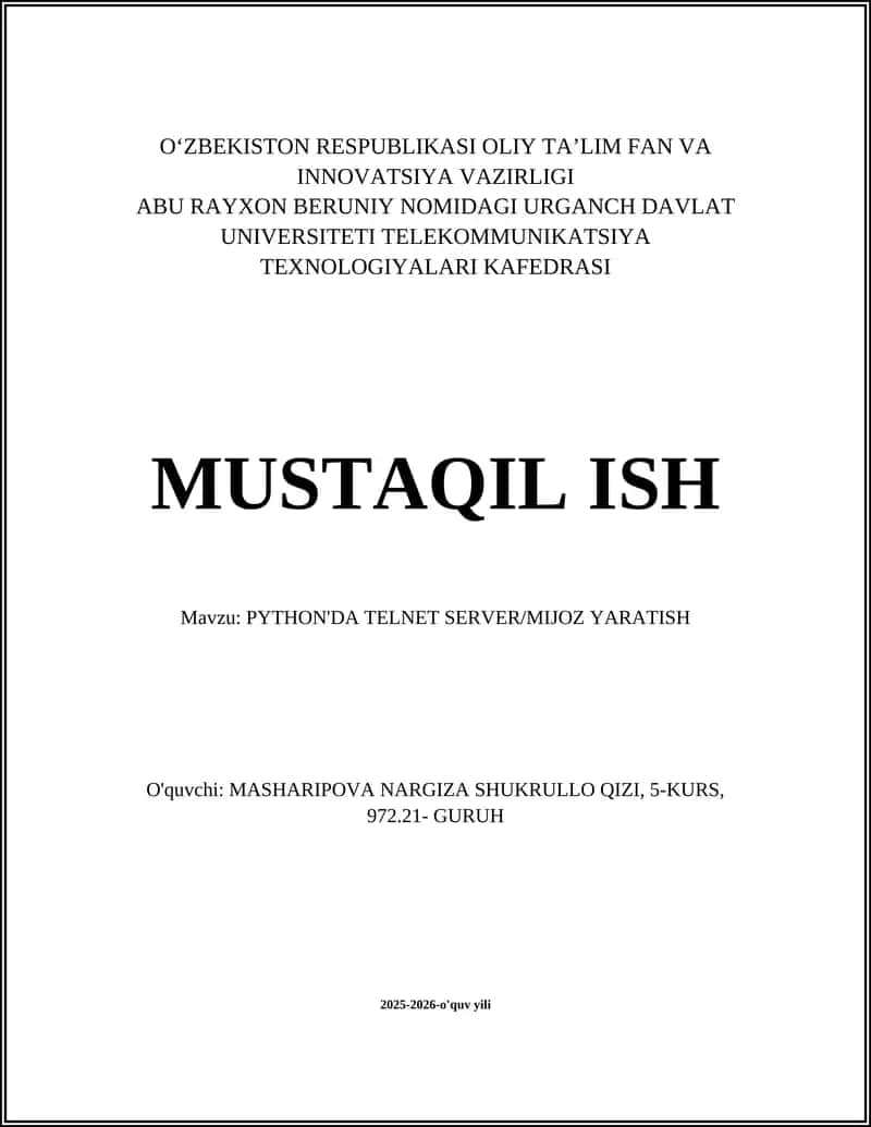 PYTHON'DA TELNET SERVER/MIJOZ YARATISH 1