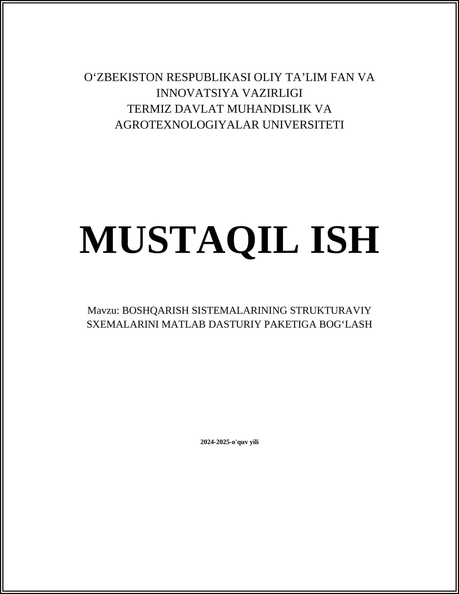 BOSHQARISH SISTEMALARINING STRUKTURAVIY SXEMALARINI MATLAB DASTURIY PAKETIGA BOG‘LASH 1