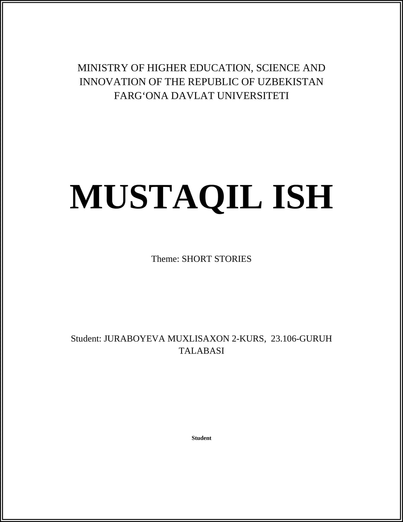 MUSTAQIL ISH - SHORT STORIES 1