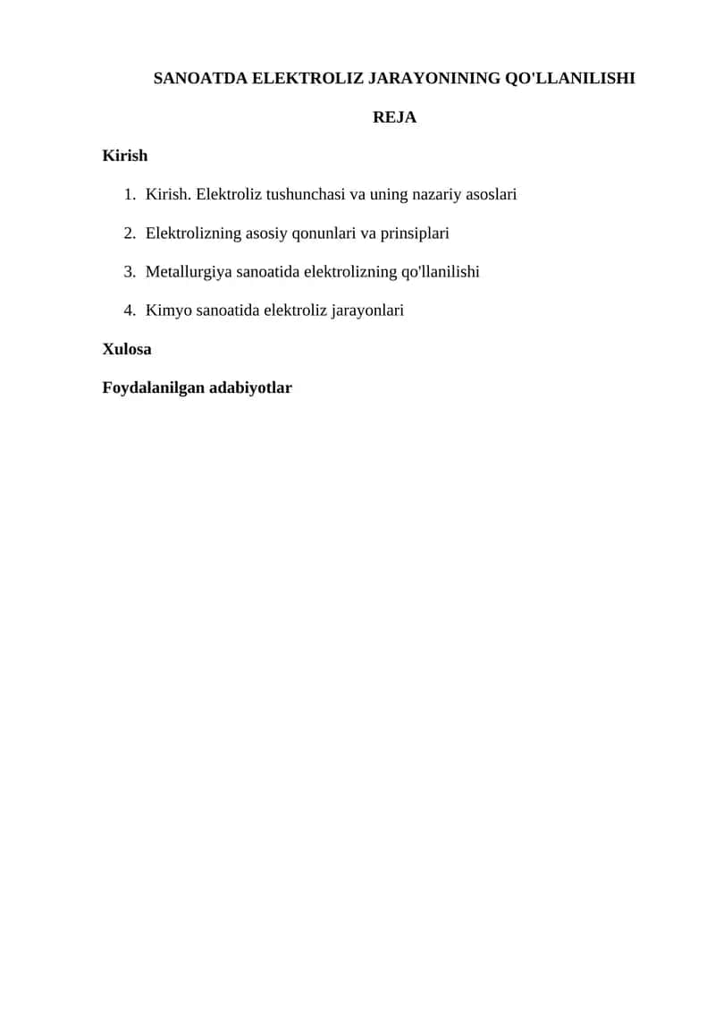 SANOATDA ELEKTROLIZ JARAYONINING QO'LLANILISHI 1