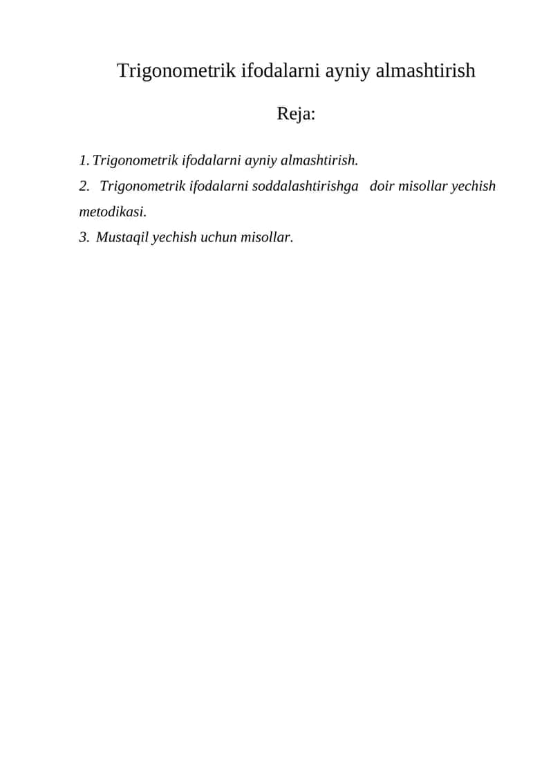 Trigonometrik ifodalarni ayniy almashtirish 1
