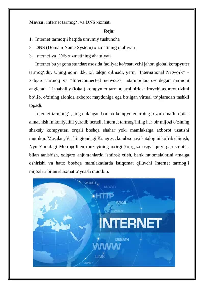 Internet tarmog‘i va DNS xizmati 1