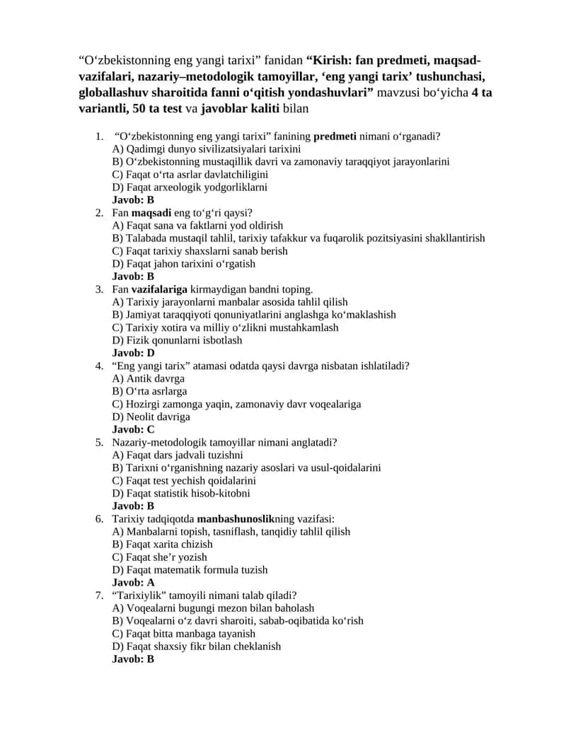 O'zbekistonning eng yangi tarixi 1-test 1