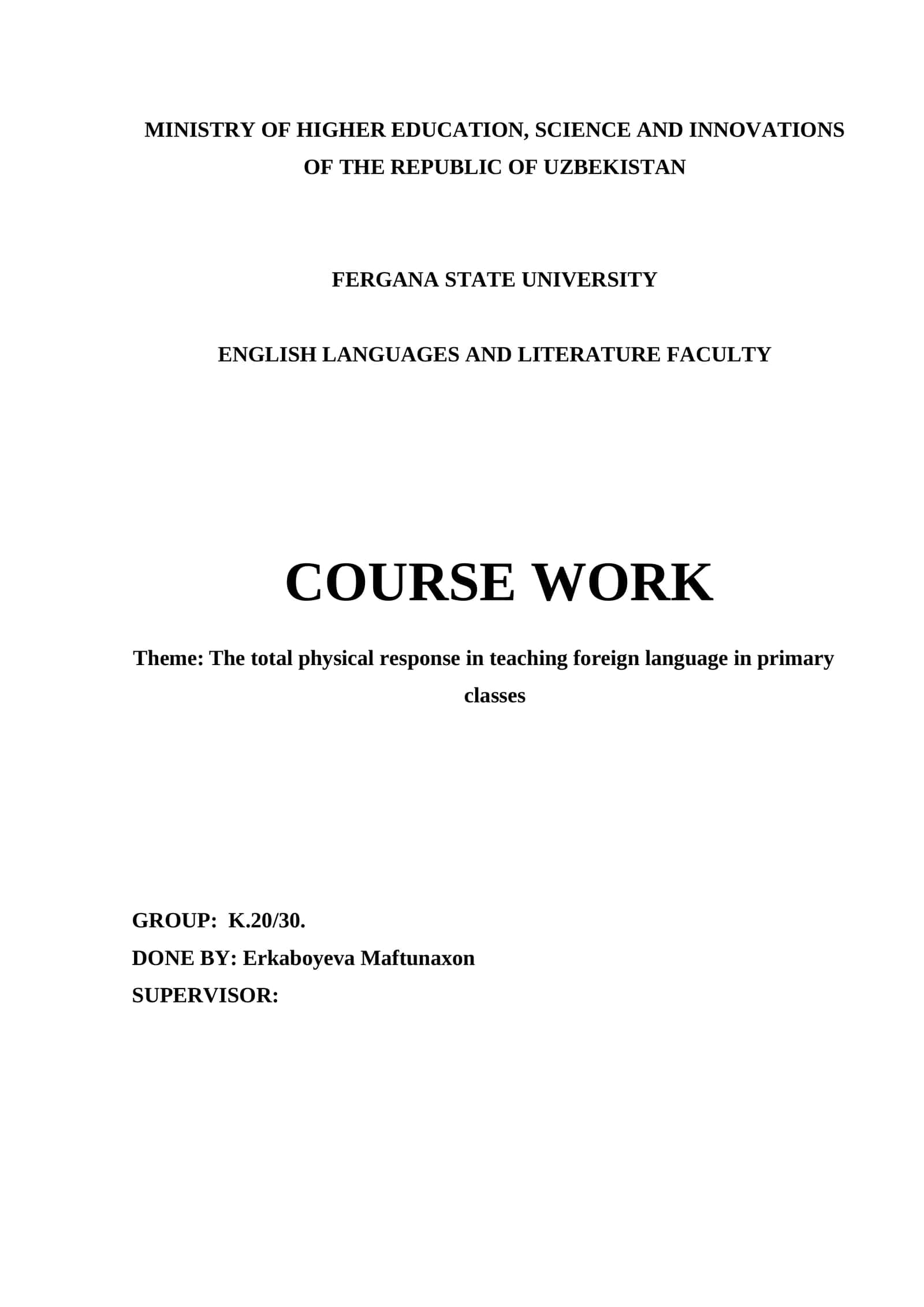 Course Work: The Total Physical Response in Teaching Foreign Language in Primary Classes 1