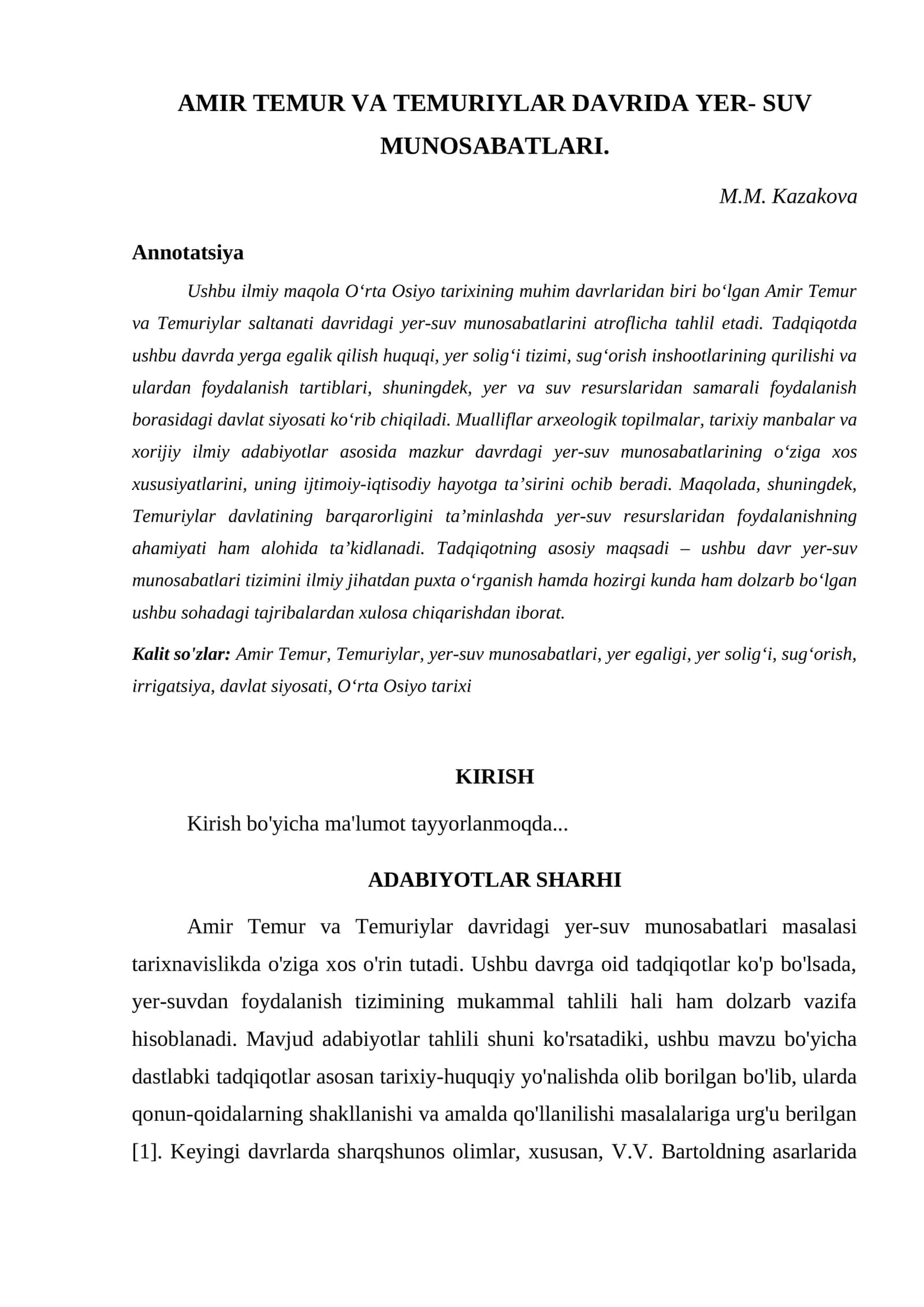 AMIR TEMUR VA TEMURIYLAR DAVRIDA YER- SUV MUNOSABATLARI 1