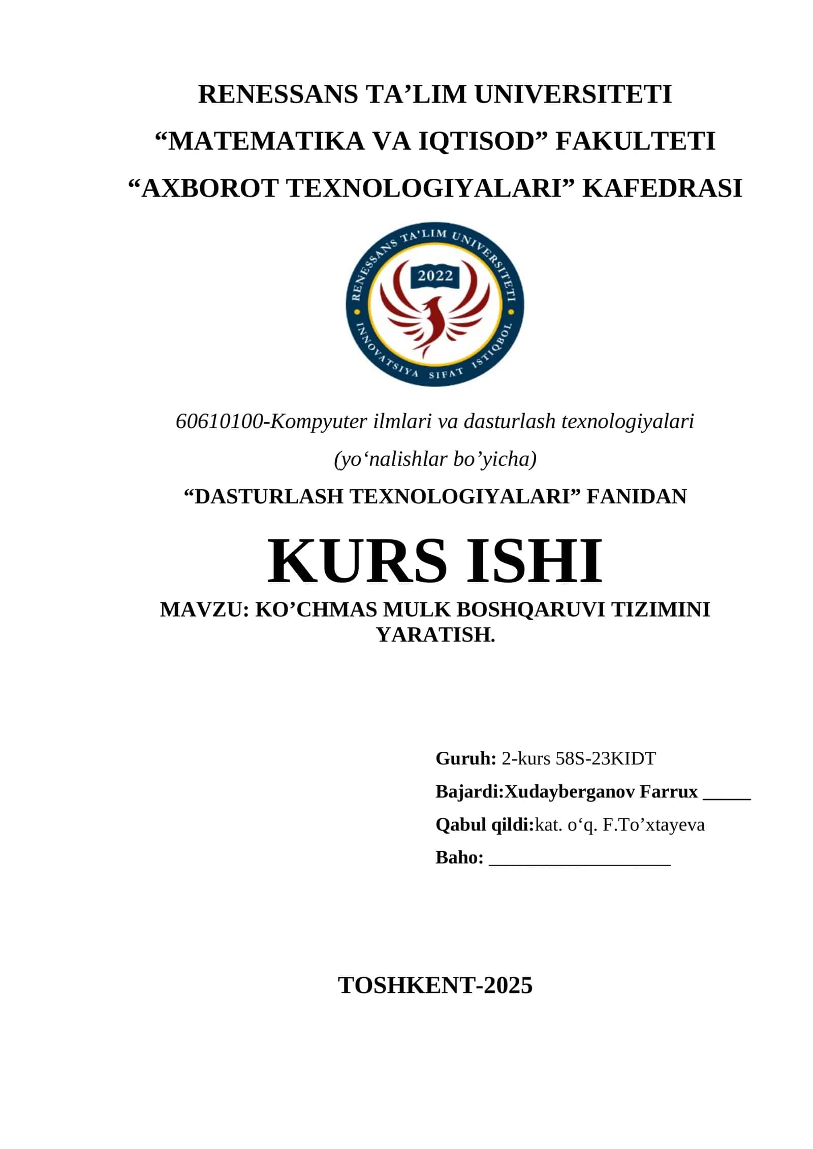 Kurs ishi: Ko’chmas Mulk Boshqaruvini Yaratish 1