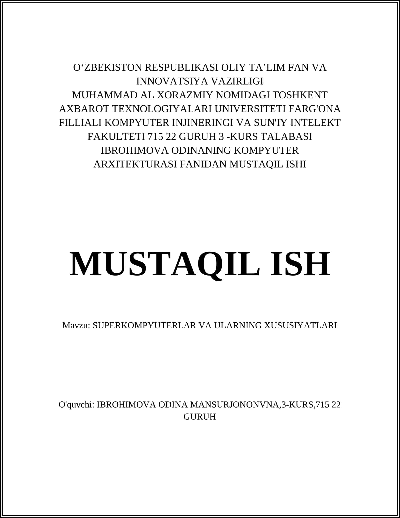 SUPERKOMPYUTERLAR VA ULARNING XUSUSIYATLARI 1