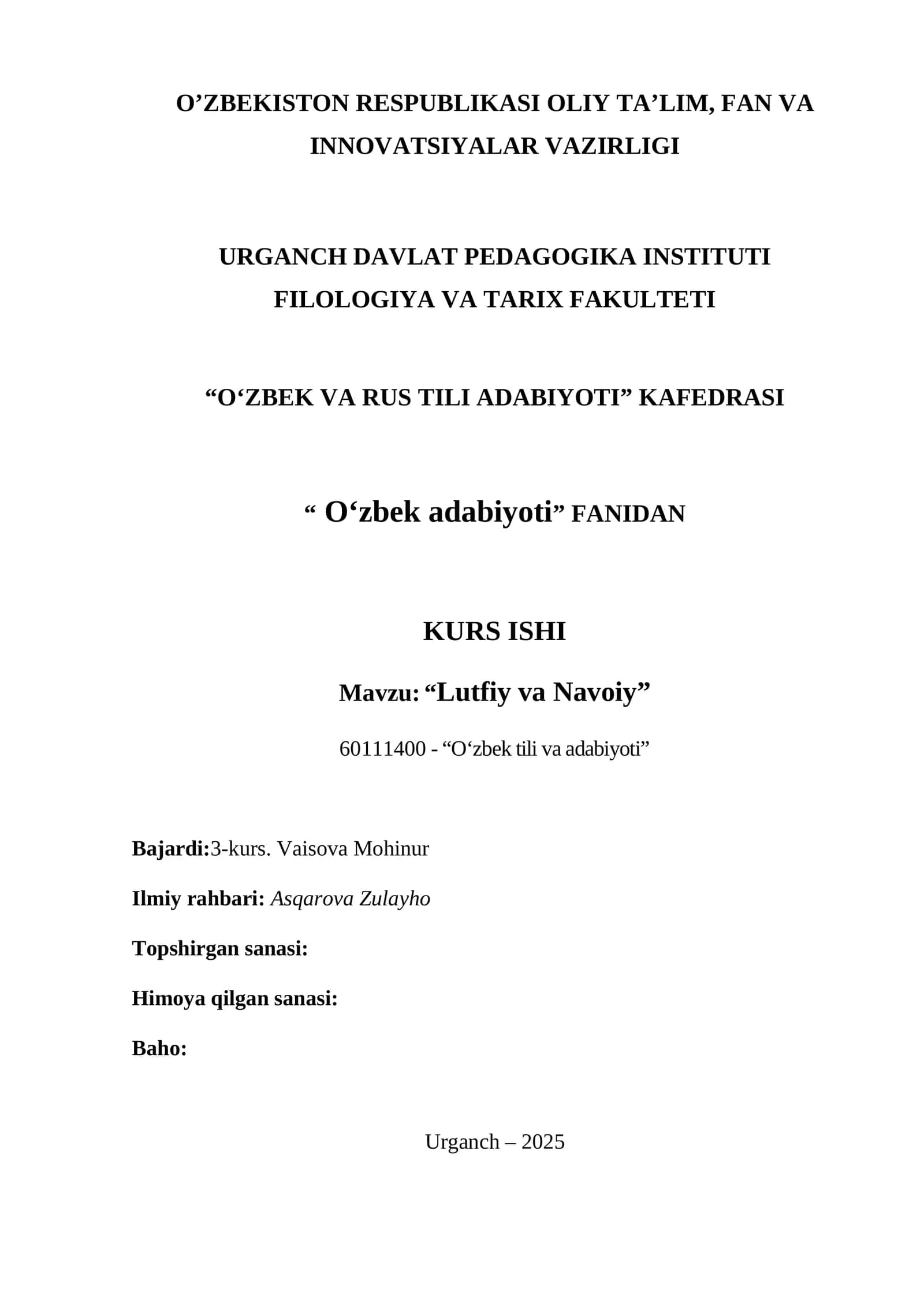 “Lutfiy va Navoiy” KURS ISHI 1