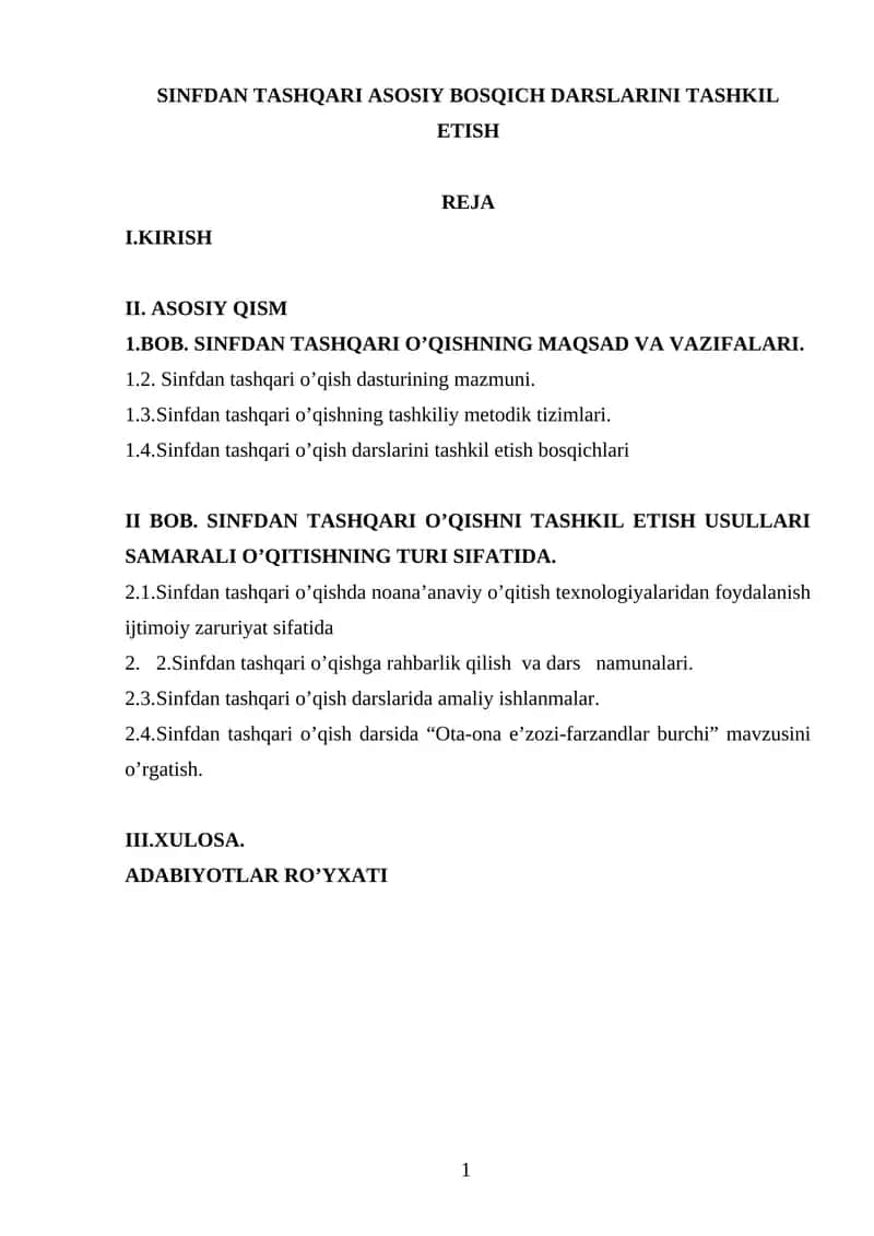 Sinfdan Tashqari O'qish 1
