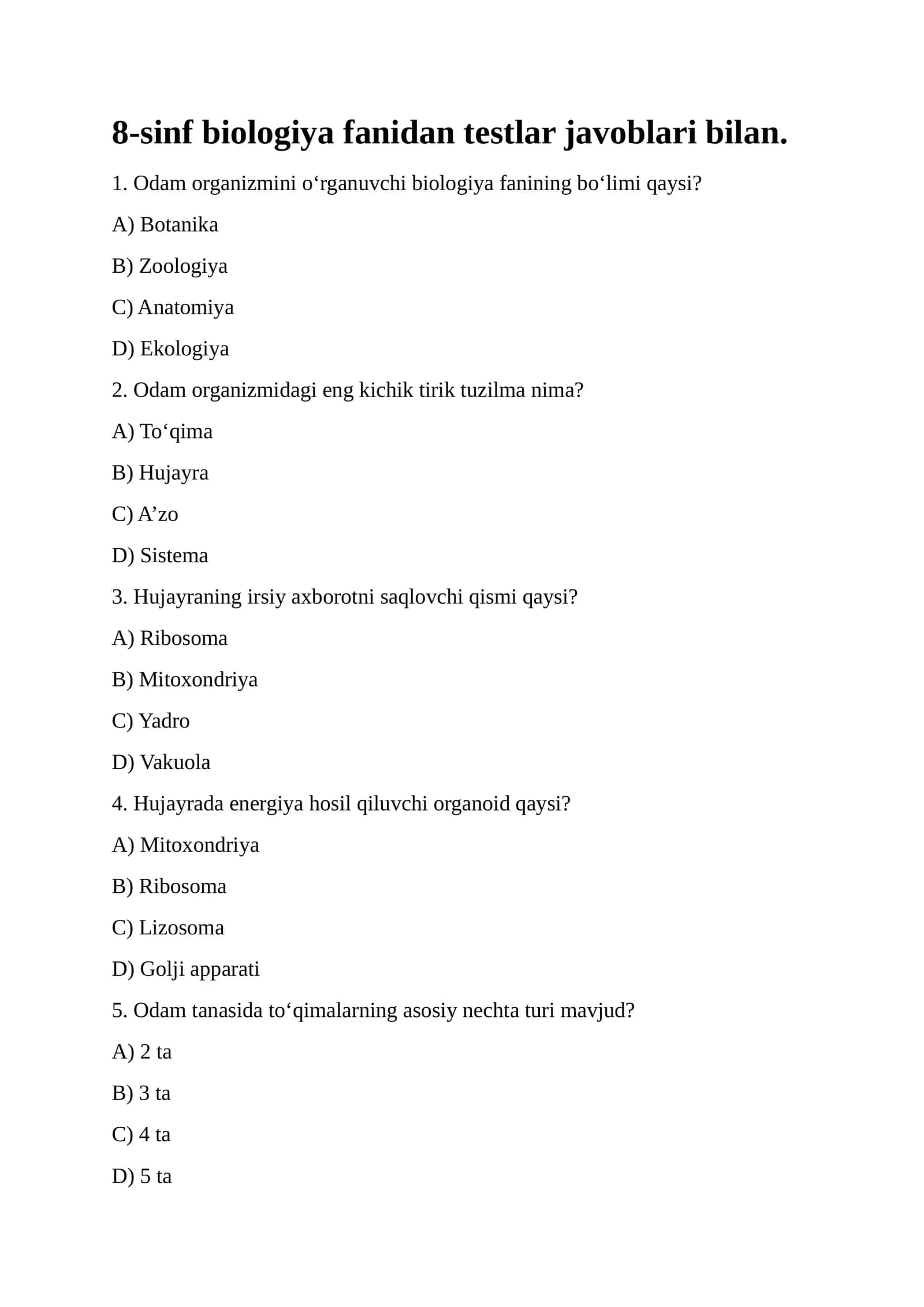 8-sinf Biologiya Testlar Javoblari 1