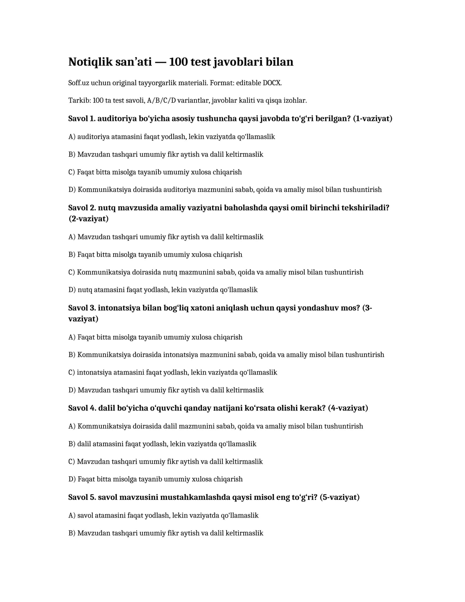 Notiqlik san’ati — 100 test javoblari bilan 1