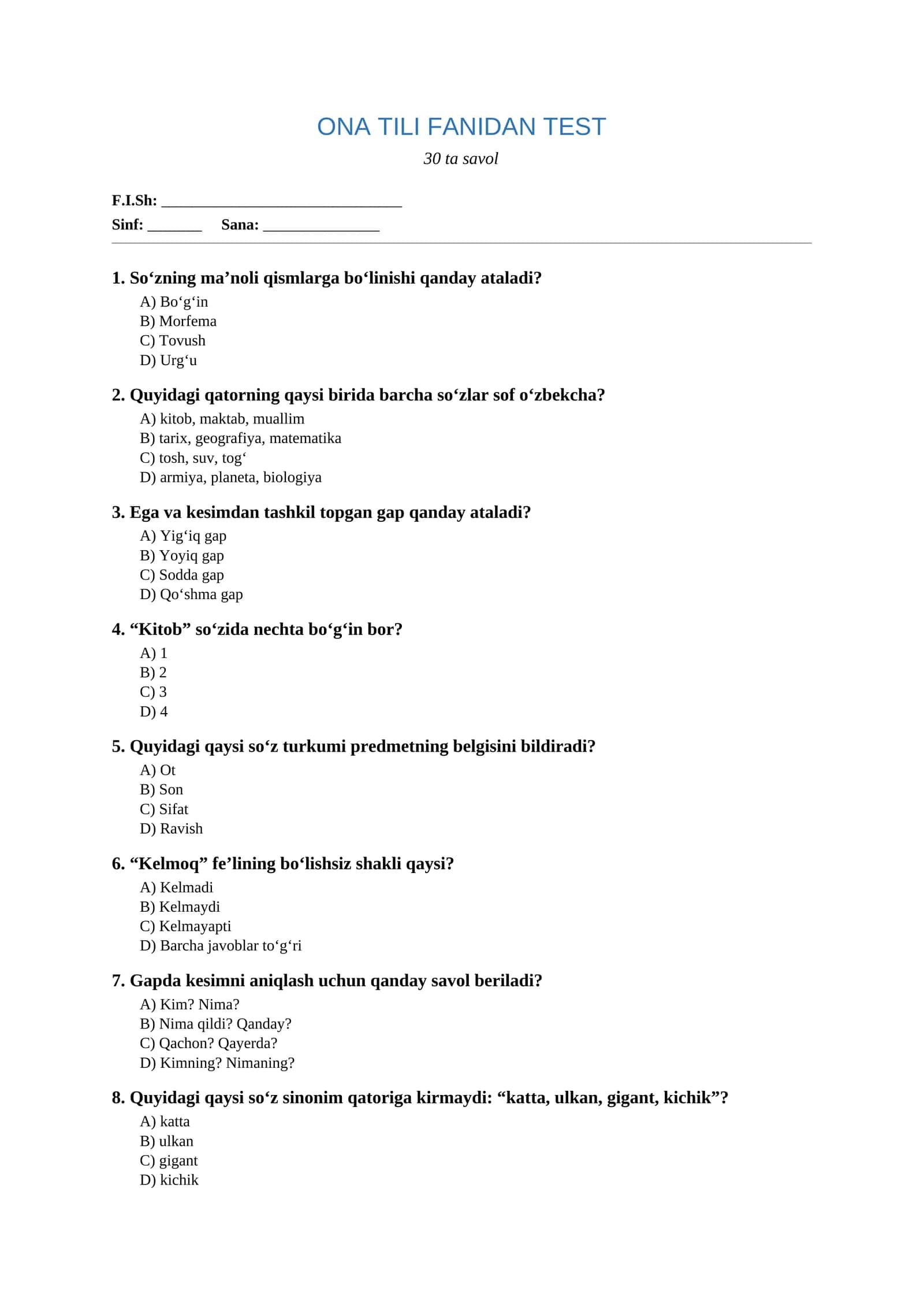 ONA TILI FANIDAN TEST 1