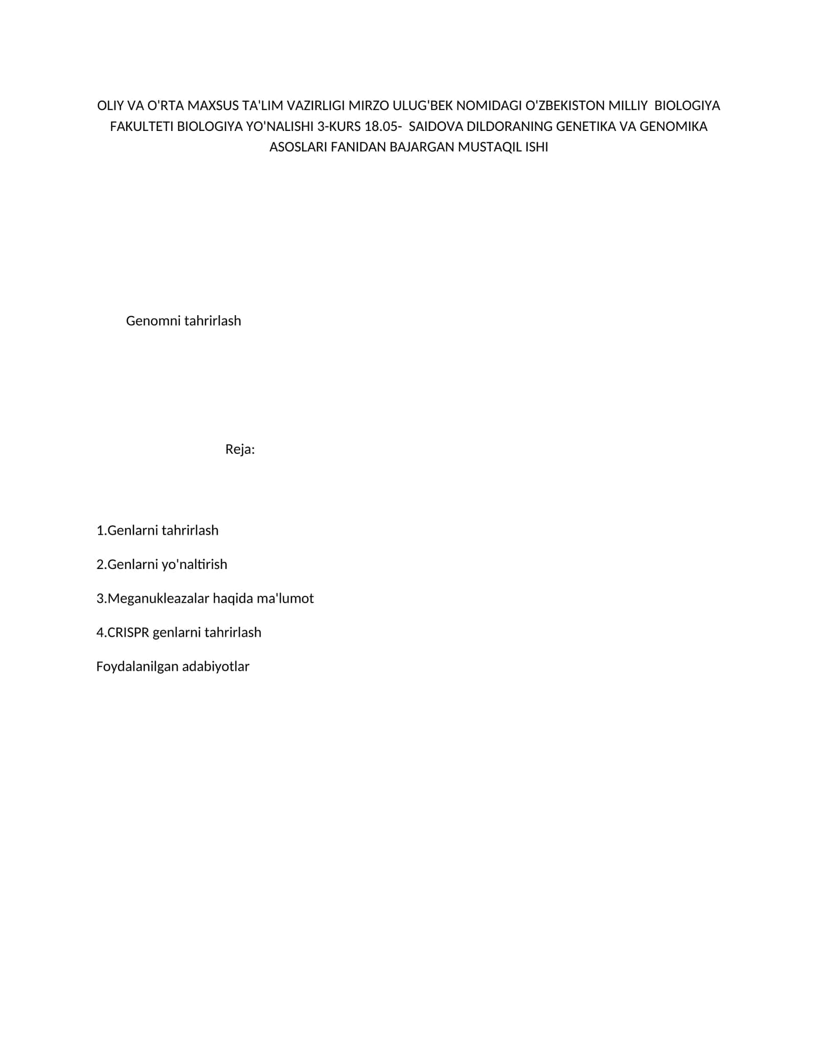 Saodova Dildora - Genetika va genomika asoslari fanidan mustaqil ishi 1