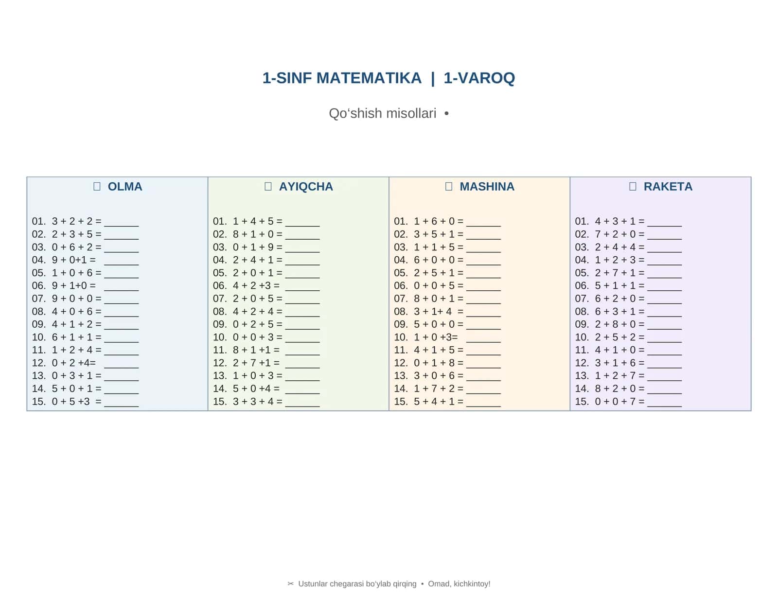 1-SINF MATEMATIKA | 20 ta variant qo'shish amallari 1